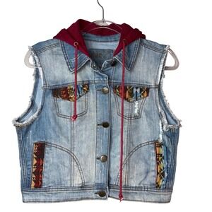 Rue21 Denim Vest with Burgundy Hood & Tribal Accents‎ - Women's Size L